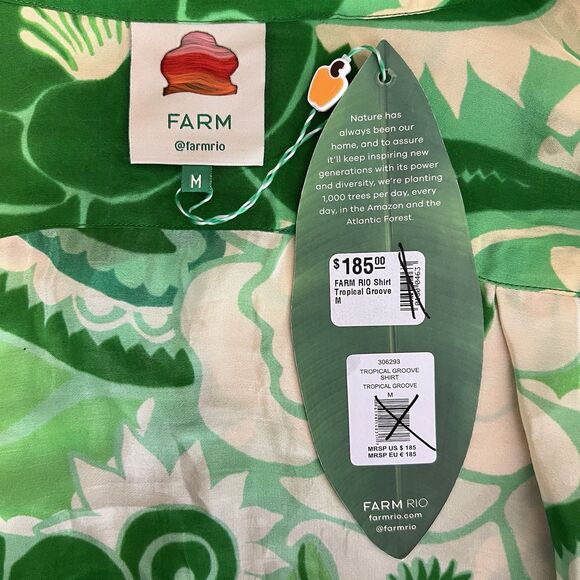 Farm Rio Tropical Groove Shirt Size M Green Floral Print Long Sleeve Button Down - Picture 14 of 15